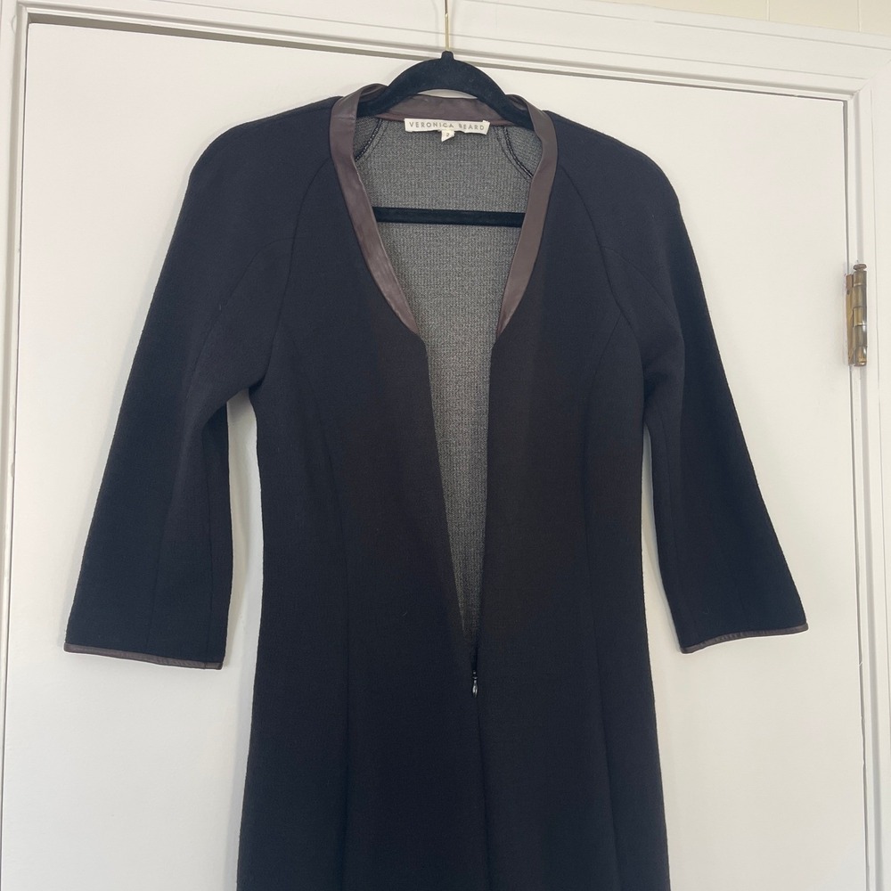Veronica Beard Zip Front Black Dress Wool Blend Leather Trim V Neck Size 2 - Picture 5 of 9